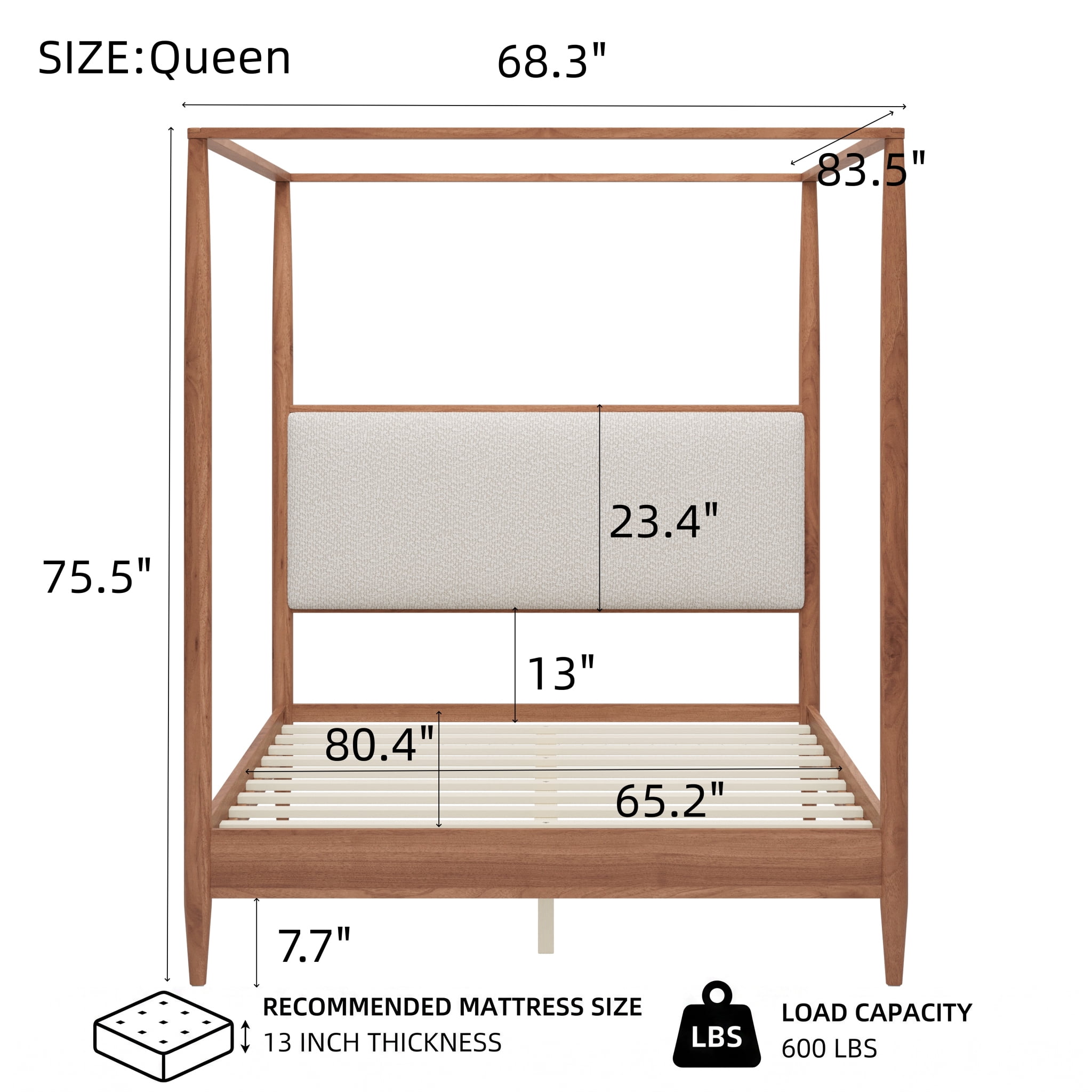 Euroco Modern Wood Queen Size Canopy Bed, Mid-Century 4-Poster Platform Bed with Boucle Upholstered Headboard and Tapered Legs, No Box Spring Needed, Walnut