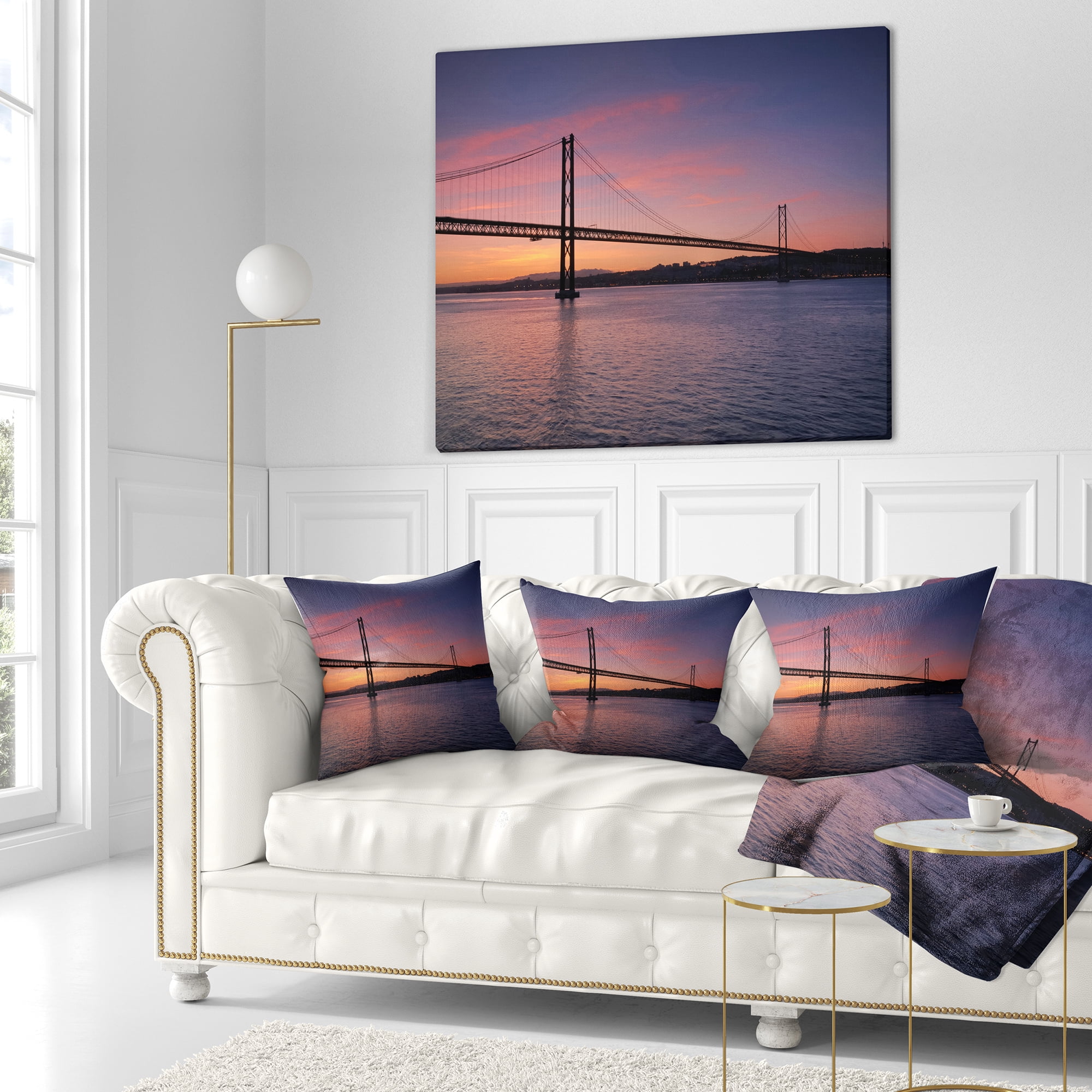 Designart Wonderful View of Lisbon Bridge - Pier Seascape Throw Pillow - 18x18