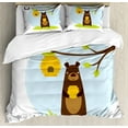 thumbnail image 1 of Bear Duvet Cover Set Queen Size, Funny Mammal Holding Honey under Beehive Hanged on Tree Kids Alphabet Theme Cartoon, Decorative 3 Piece Bedding Set with 2 Pillow Shams, Multicolor, by Ambesonne, 1 of 3