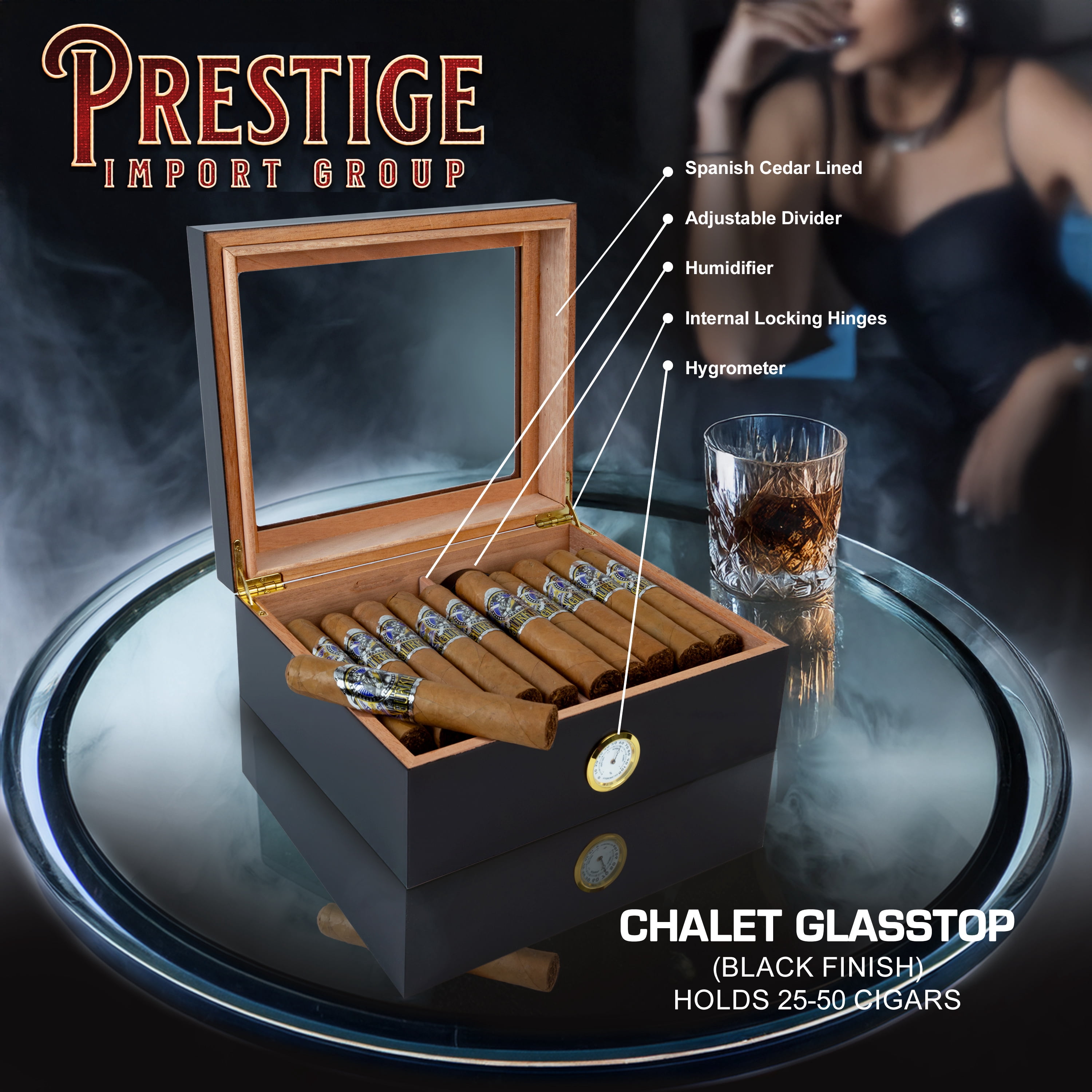 Chalet Glass Top Cigar Humidor - Black Finish - Capacity: 25 to 50