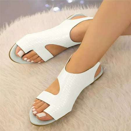 

Aayomet Wedge Sandals for Women Ladies Fashion Solid Color Leather Cover Toe Roman Flat Casual Sandals White 9
