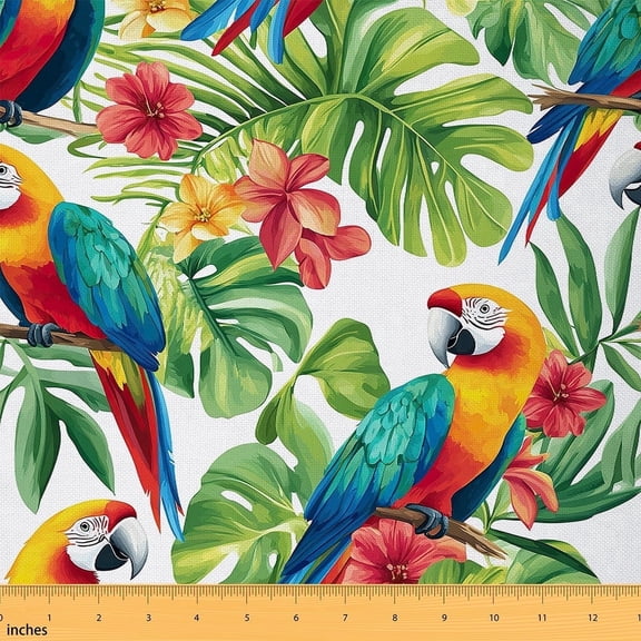 Feelyou Orange Blue Parrot Fabric by the Yard 1 Yard for Teens, Tropic Palm Room Decor Fabric by the Yard, Kawaii Cartoon Animal Fabric for Sewing, Luxury Bedroom Decor