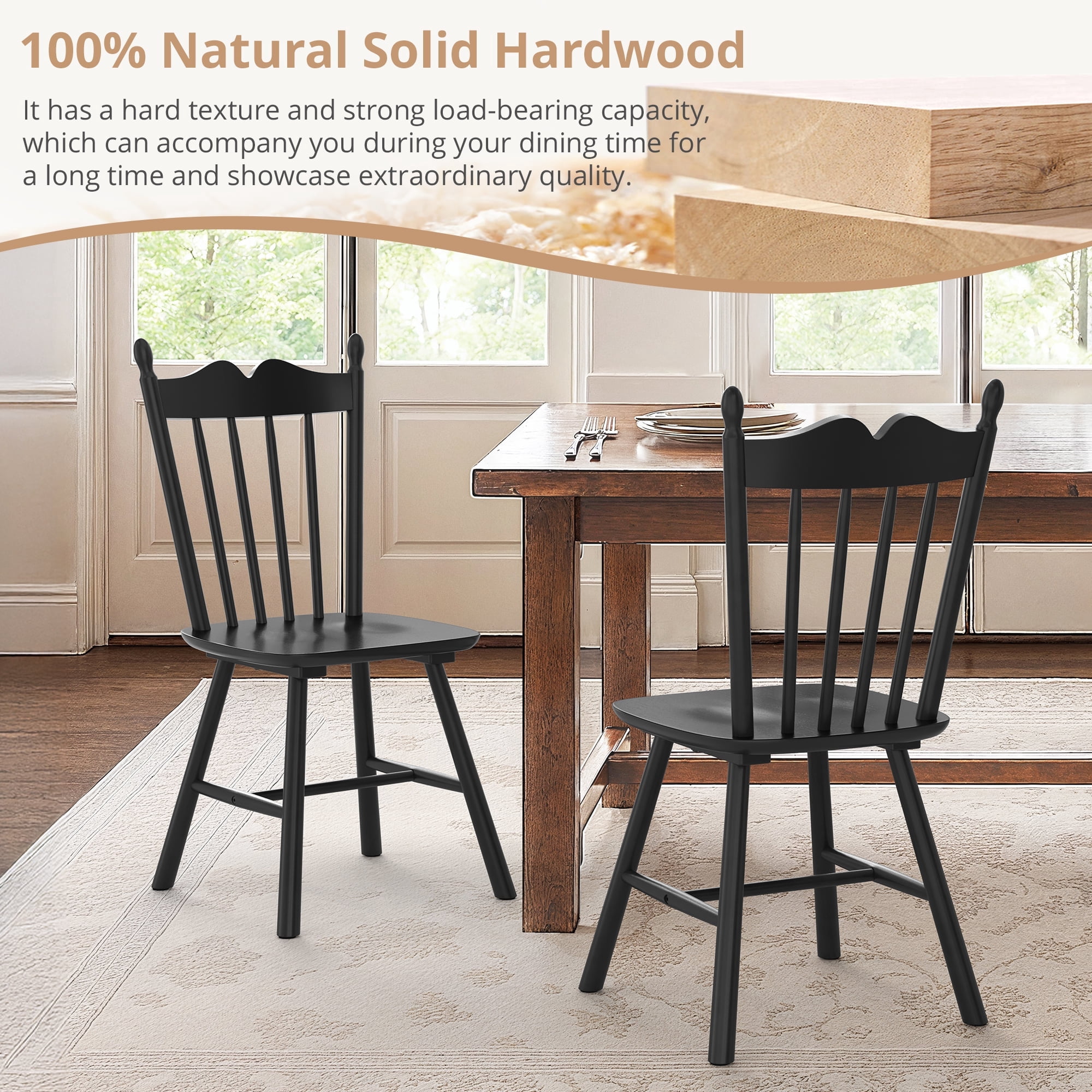 Dycanpo Dining Chairs Set of 4, Windsor Wooden Dining Chair with Thickened Backrest for Kitchen, Black