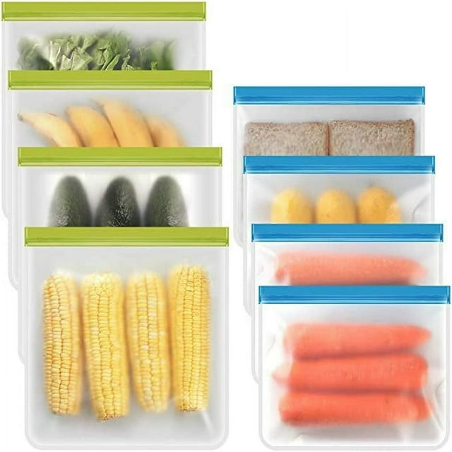 MesaSe Sacs de Rangement Alimentaires Réutilisables (Lot de 4 Sacs Gallon Réutilisables + Lot de 4 Sacs Quart Réutilisables) Sac de Congélation Réutilisable Étanche et Anti-Fuite Sans BPA Sac de Rangement Réutilisable pour Mariner les Viandes Salade Fr