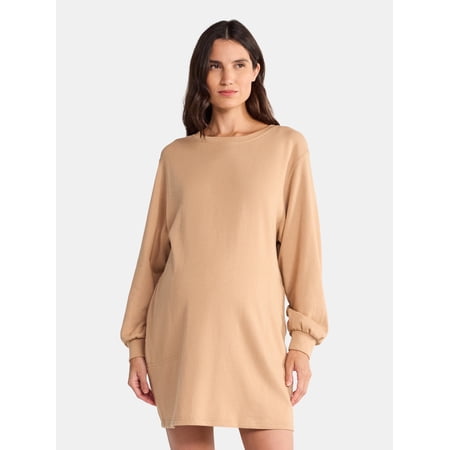 Time and Tru Women's Maternity French Terry Sweatshirt Dress with Long Sleeves, Sizes S-XXL