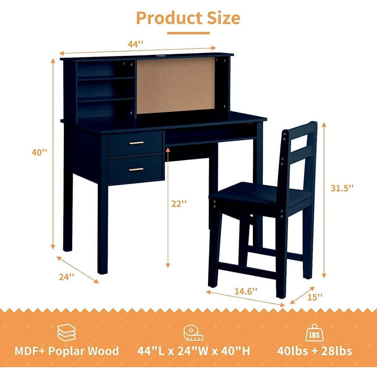 Linor Kids Desk and Chair Set Wooden Study Table with Hutch Drawer Bulletin Board for children Student Study Desks Computer Desk Art Desk for