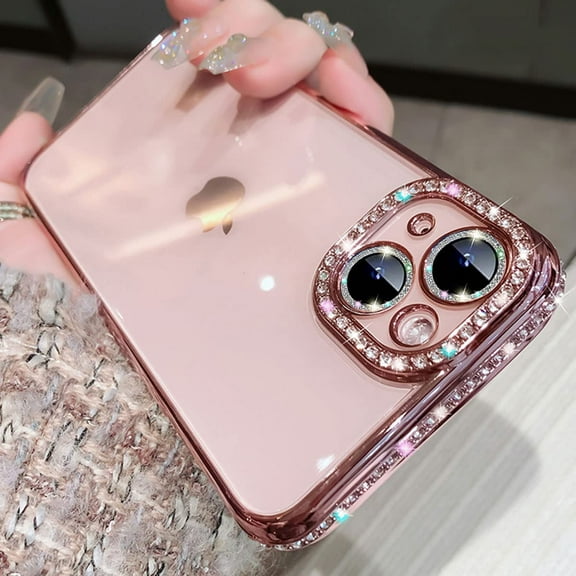 iPhone 14 6.1'' Glitter Plating Case, Cute Luxury Bling Rhinestones Diamond Soft Bumper Clear Transparent TPU Thin Lightweight Case for Apple iPhone 14 6.1 inch 2022 (Pink)