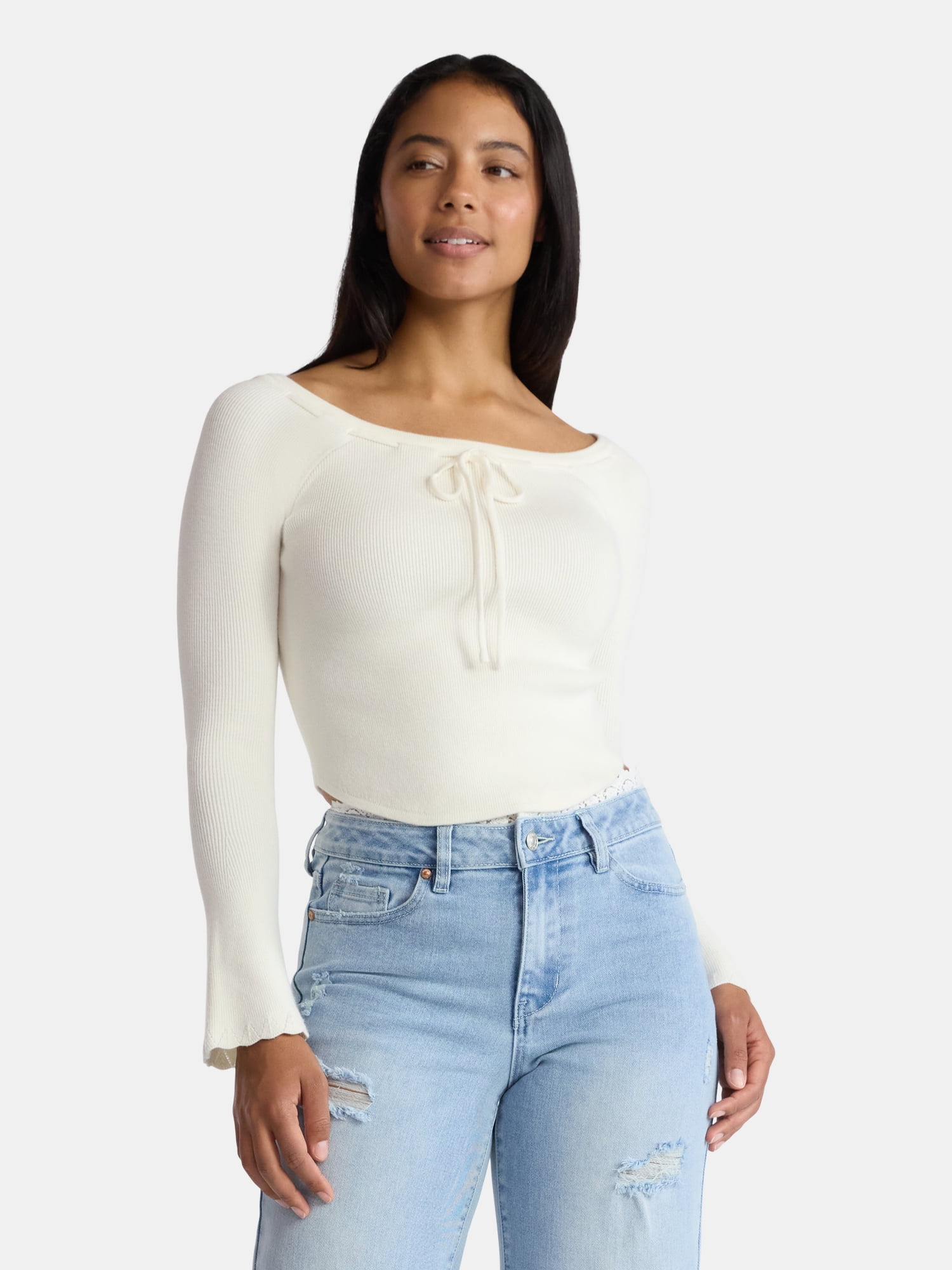Madden NYC Women's Ribbon Top with Long Sleeves, Sizes XXS