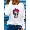 thumbnail image 3 of 100% pure cotton women's spring and autumn loose casual skull and rose graphic printed long sleeved round neck T-shirt, 3 of 9