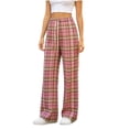 thumbnail image 3 of Women's Plaid Straight Leg High Waist Casual Pants, Polyester Pocket Loose Long Trousers, Fashion Summer Bottoms for Daily Shopping Home | TruHer,Pink Free Size, 3 of 7
