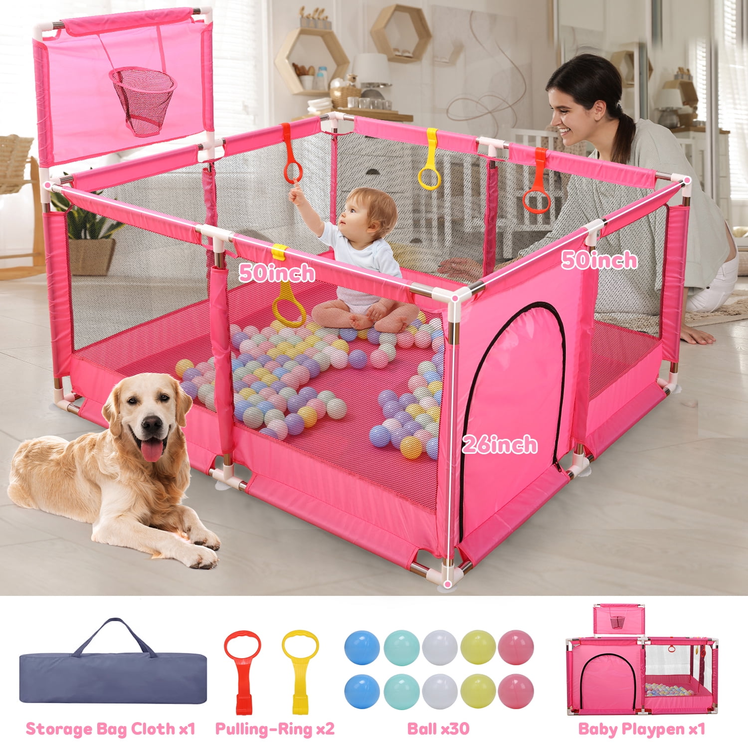 JoyStone 50 x 50 Baby Playpen with 30 Ocean Balls, Soft Mesh Sides, Basketball Hoop & Pull Rings, Indoor Baby Fence for Toddlers, Pink