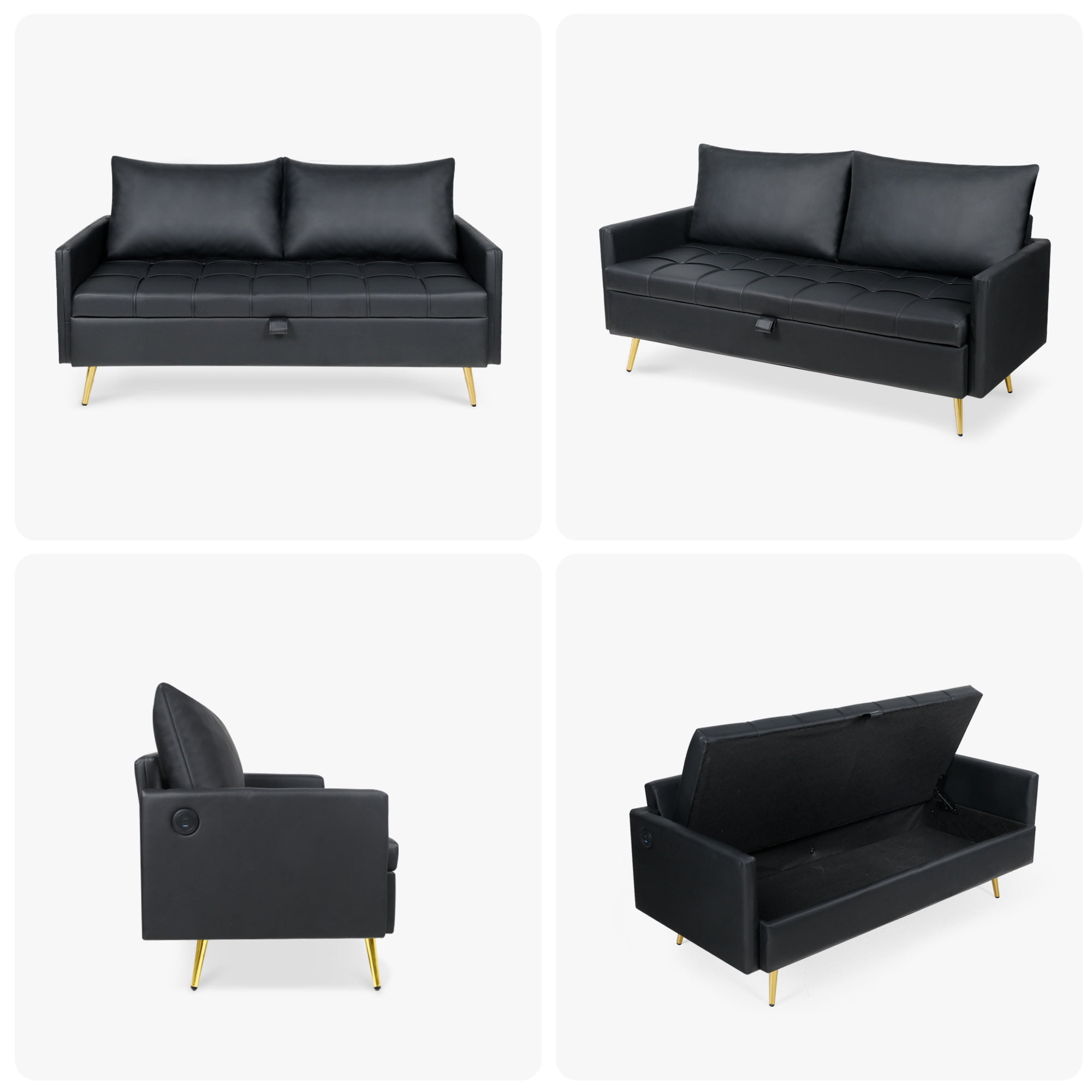 Coewske 60'' W Faux Leather Loveseat Sofa Couch w/ Storage Space & 2 USB Charging Ports Black