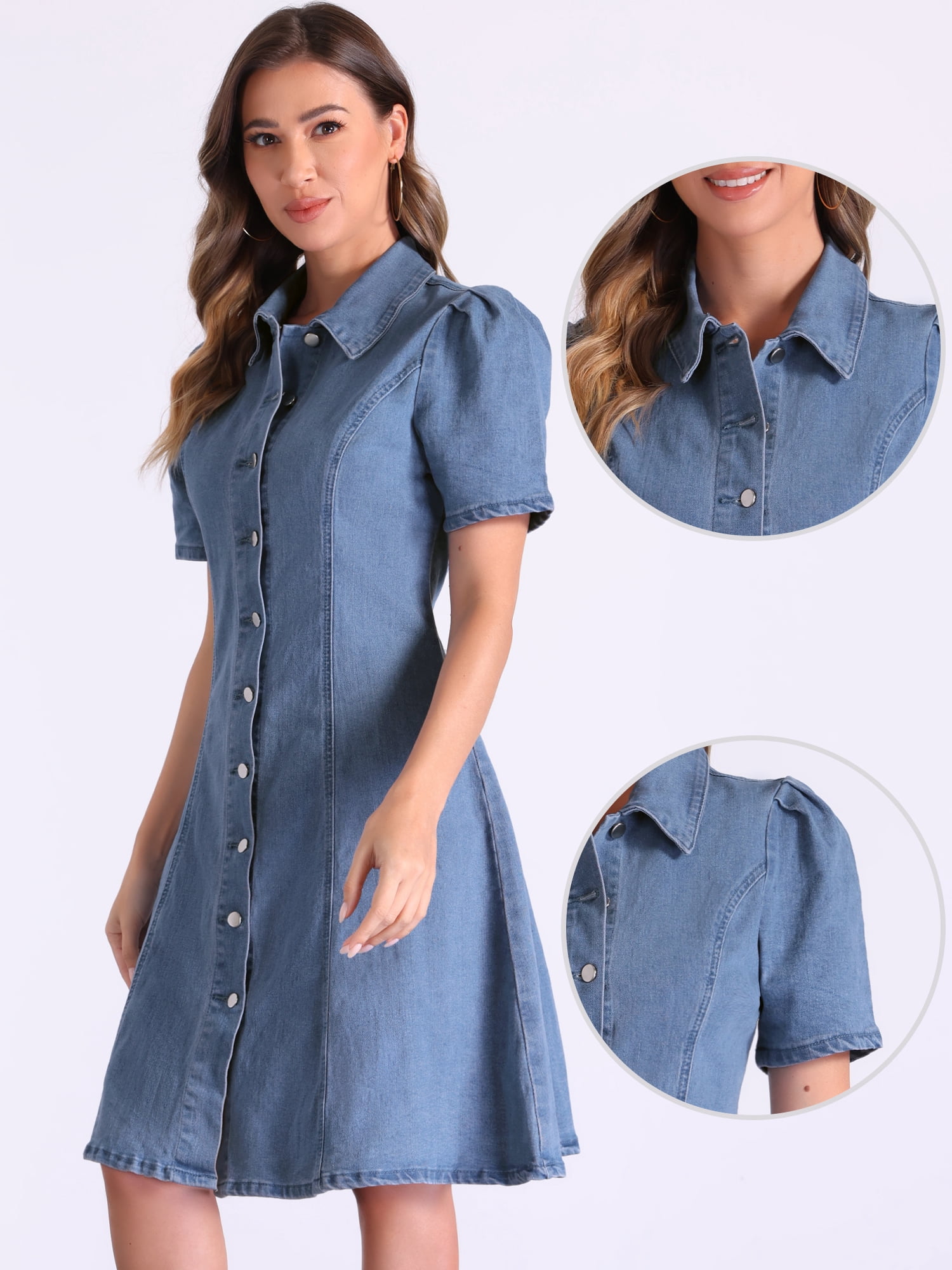 DARING DIVA Puff Sleeve Collared A-Line Dress S Light Blue