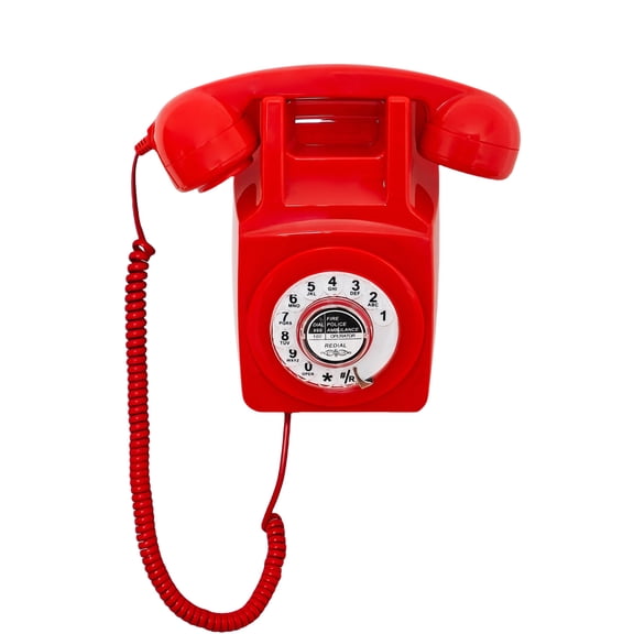 Corded Wall Phone with Redial, Red Retro Landline Telephone, Old Fashion Wall Mount Phone with Redial for Home/Office/Hotel/School,Vintage Rotary Dial Telephone Set