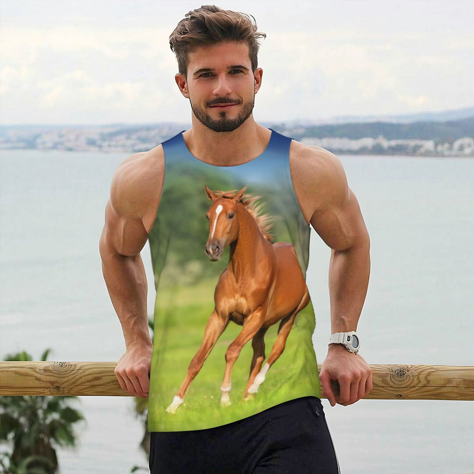 Gukieu horse running freely Print Men's Quick Dry Fitness Vest, Round Neck Sleeveless Fitness Bodybuilding Top-Medium