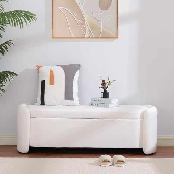 Modern Oval Storage Ottoman Bench, 51.2" Upholstered Fabric End of Bed Bench with Safety Hinge and Seating, White Velvet Ottoman for Bedroom, Living Room, Entryway