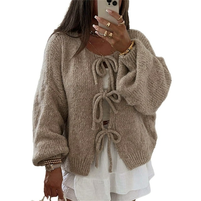 Gupgi Women Tie Front Knitted Cardigan Solid Color Long Sleeve Open Front Sweater Knitwear Tops