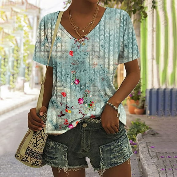 Summer Saving Wycnly Womens Blouses and Tops Dressy Fashion Going out Loose Fit Comfy Lightweight Ladies Tshirts Summer Floral V-Neck Short Sleeve Cute Tees Tops Mint Green m