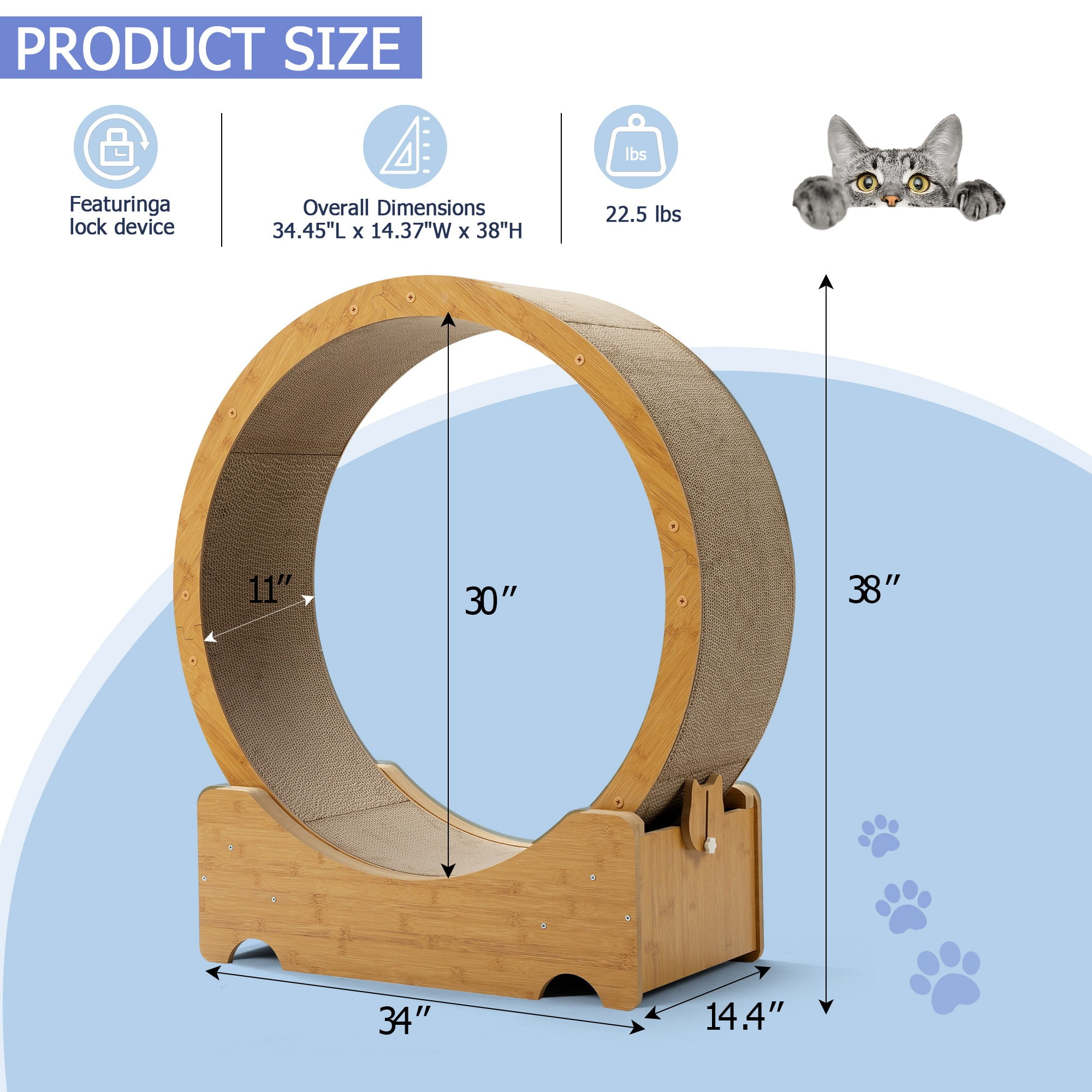 resenkos 38" Cat Exercise Wheel for Indoor Cat, Cat Running Wheel with Sided Corrugated Cardboard Runway, Cat Treadmill Wheel for Fitness Weight, Beige