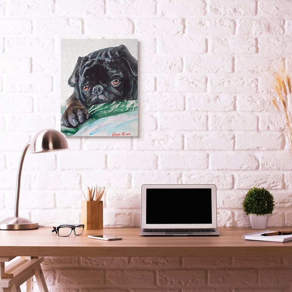 Stupell Industries Black Pug Dog Pet Animal Watercolor Painting Canvas Wall Art by George Dyachenko