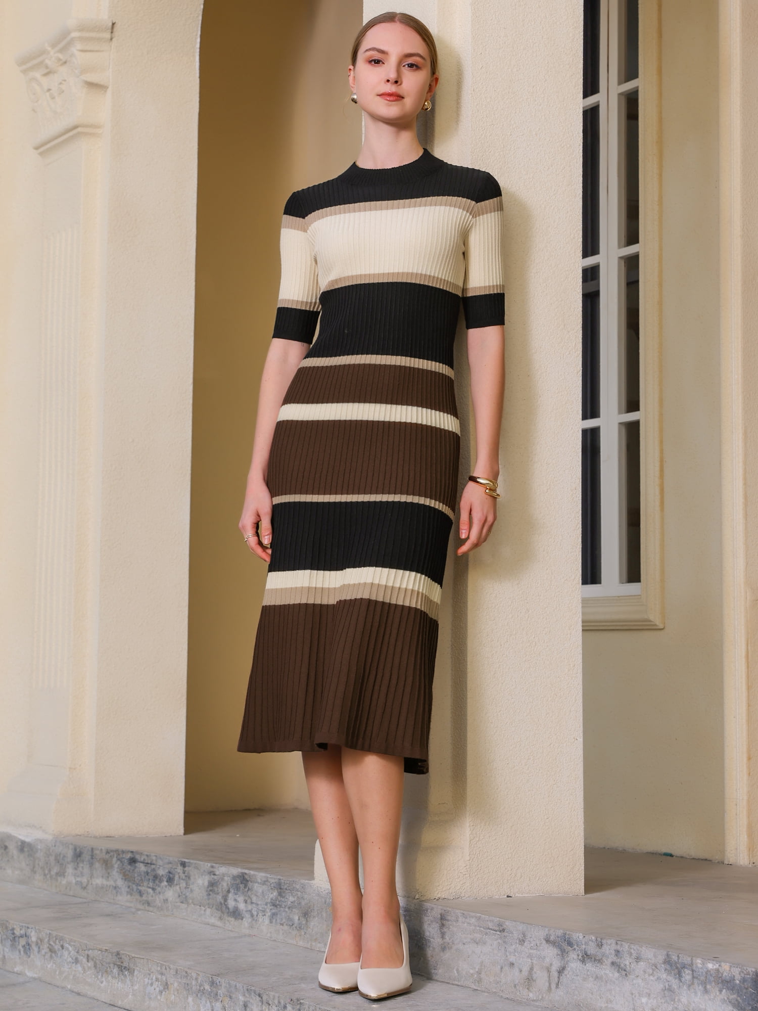 DARING DIVA Women's Striped Short Sleeve A-Line Mock Neck Midi Dresses M Dark Khaki
