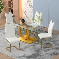 63" Modern Glass Dining Table Set with 4 White Pu Leather Chairs, 5 pieces of Dining room Set for Kitchen Dining Room Living Room Office