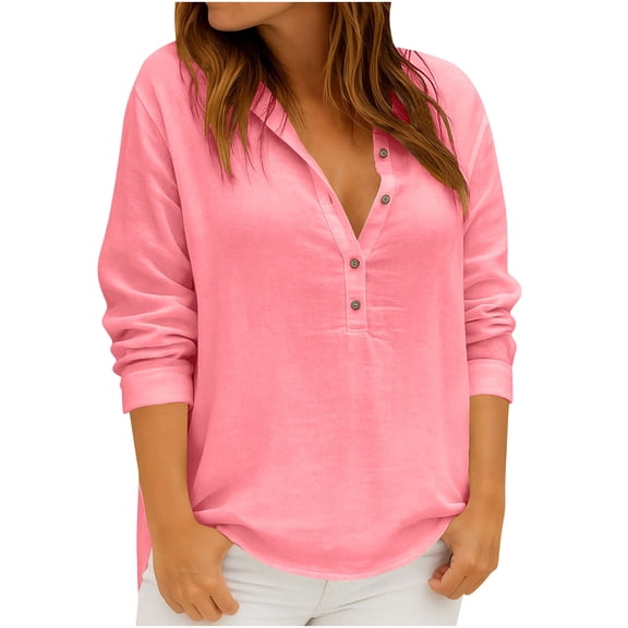 Lenpel Blouses for Women Dressy Casual Long Sleeve Half Button Collared Curved Hem Cotton Lined Tops Loose Work Shirts(Pink,X-Large)