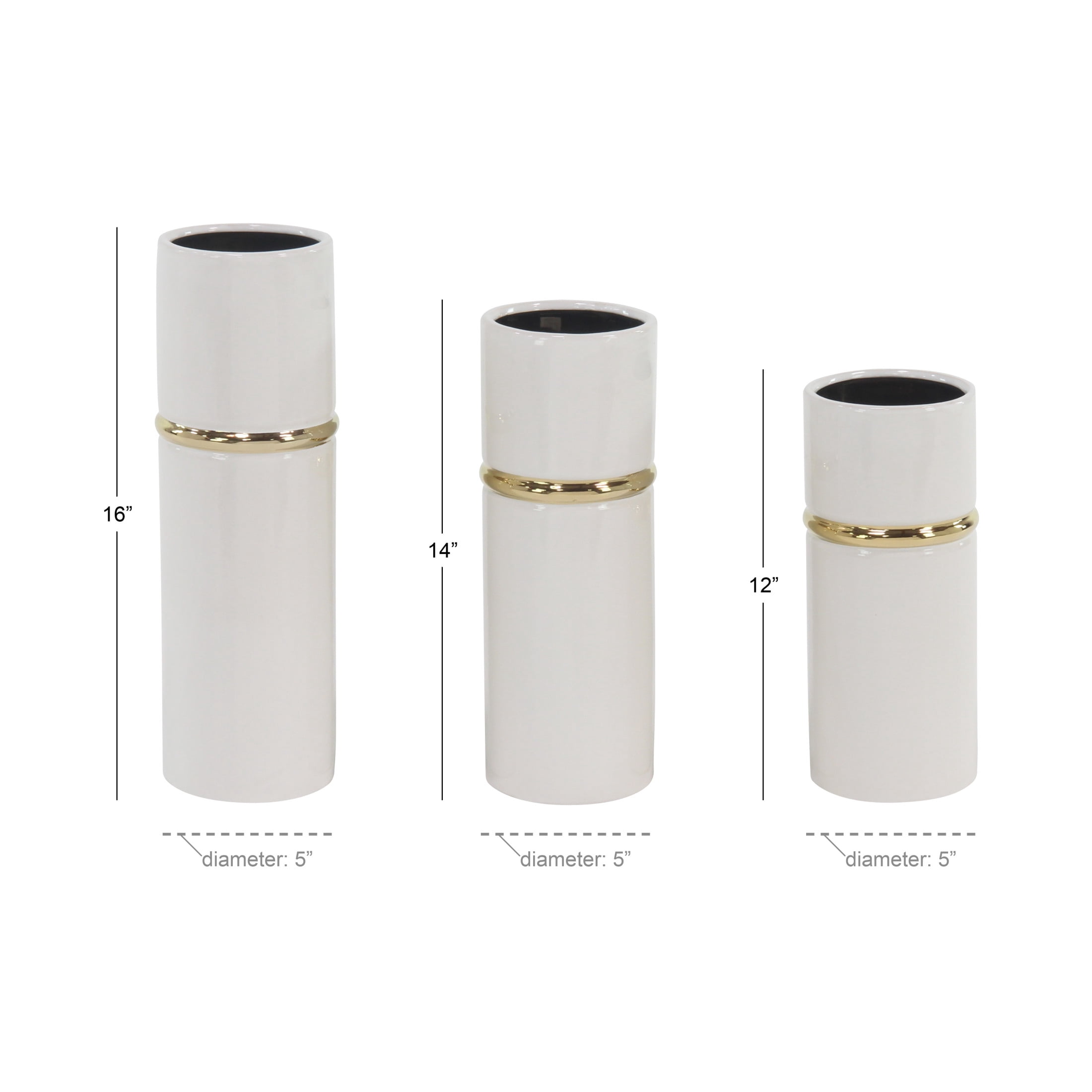 DecMode 12", 14", 16"H White Ceramic Vase with Gold Accents, Set of 3