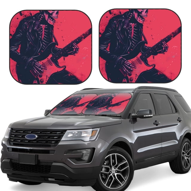 Saiise Rock Skull Guitarist for Foldable Car Sun Shades (2-Pack) Offer Sun Protection with an Easy-fold Design for Convenient Windshield Shading-Medium