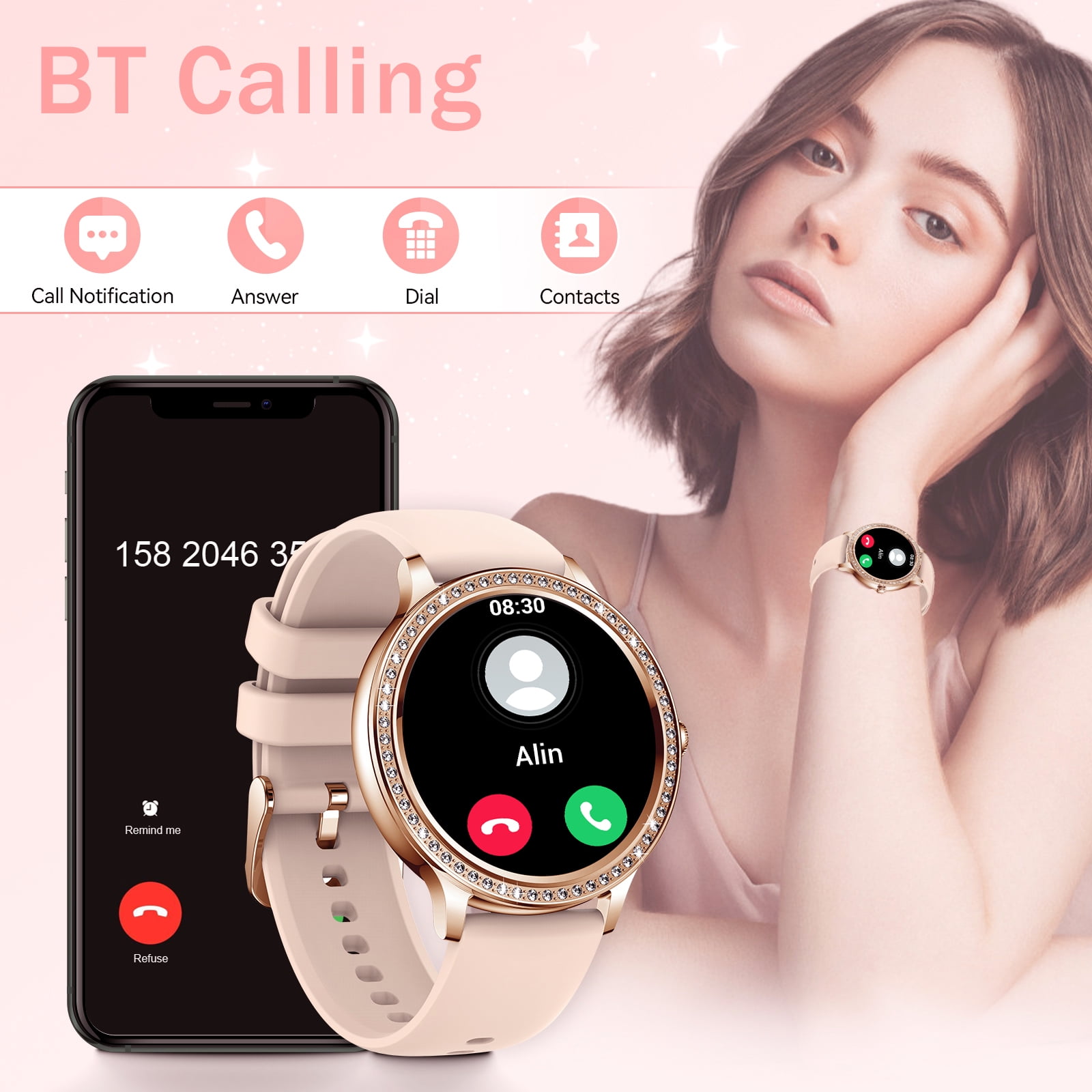 XAXRE Women Smart Watch, 1.32" HD Full Touch Screen Call Receive/Dial with Pedometer Smartwatch, Activity Tracker Watch Compatible with iOS Android