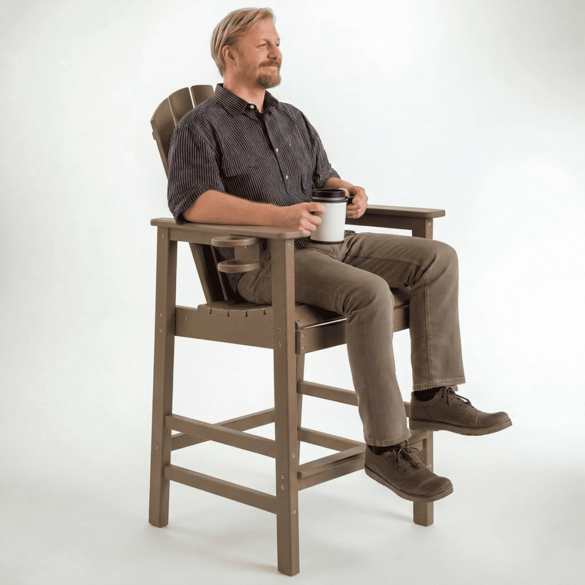 HDPE Bar Height Adirondack Chair All-Weather Outdoor Patio Chair with Cup Holder (Weathered Wood)