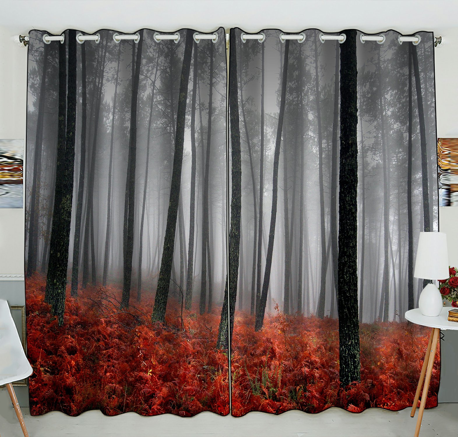 PHFZK Winter Landscape Window Curtain, Mystic Forest Trees and Leaves