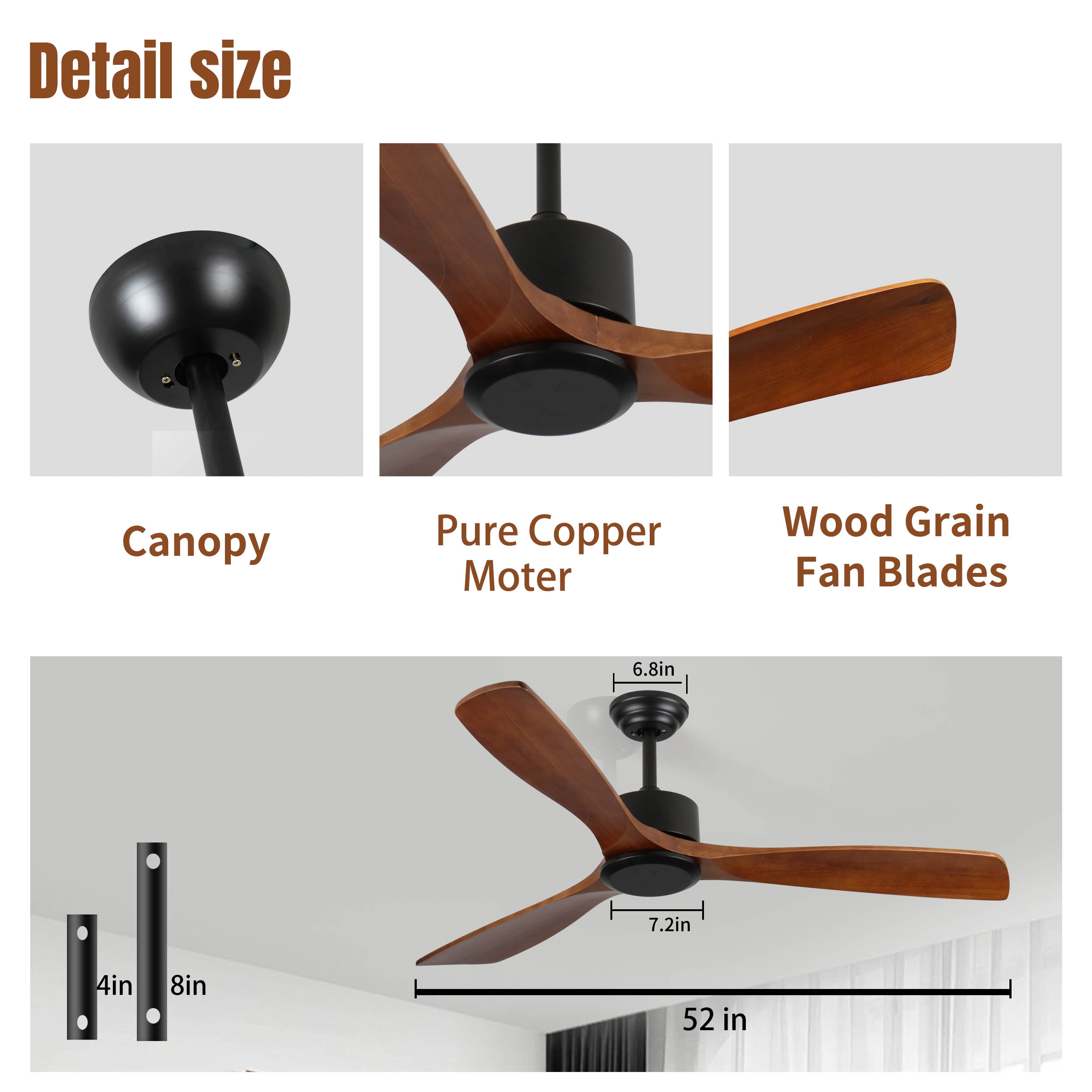 Miniyam 52" Wood Ceiling Fan NO Light, 3 Reversible Blades, with 6 Speeds Reversible DC Motor,Low Profile Ceiling Fan with No Light for Living Room Kitchen Bedroom