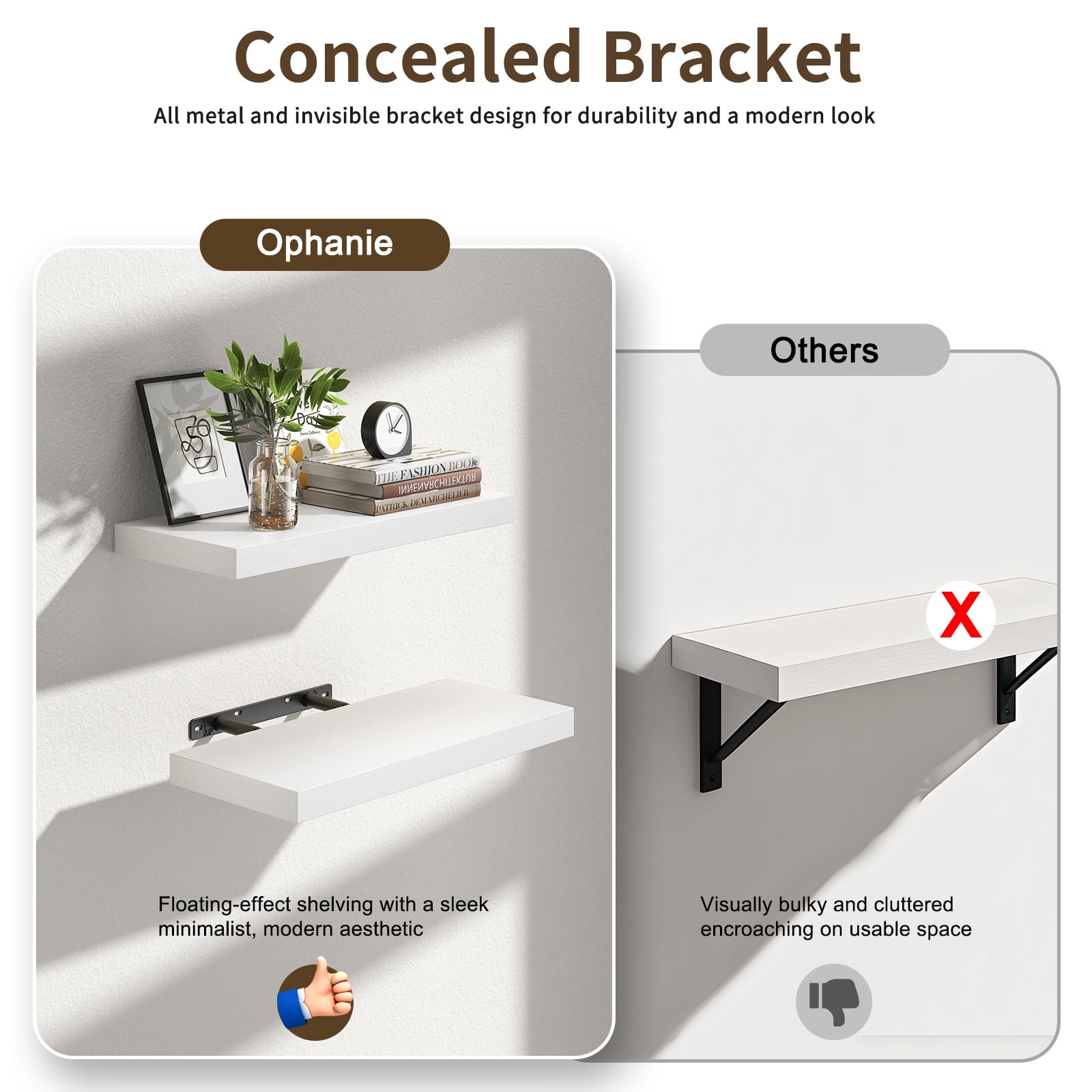 Ophanie 16 inch 3 Pack Wood Floating Shelves, Hanging Float Shelf for Bathroom, Bedroom, Living Room, Kitchen with 22lbs Capacity, Wall Mounted Decorative Shelves, 16 x 6.7x 1.1 Inch, Set of 3, White