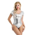 thumbnail image 2 of Yartina Women's Ballet Dance Gymnastic Leotard Shinny Metallic Leather Short Sleeve Bodysuit Gym Wear Silver L, 2 of 7