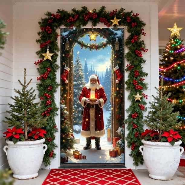 Ireezec Christmas Door Curtain Santa Claus Print Polyester Fabric Holiday Decoration for Front Door Indoor Wall Party Festival Decor