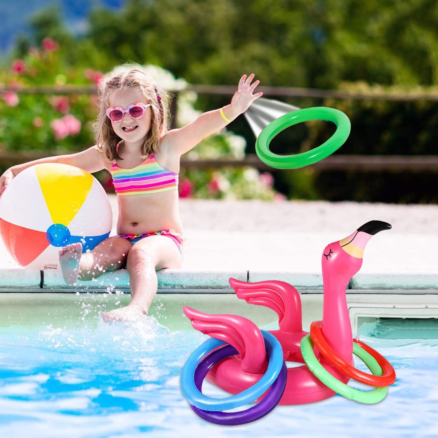 Jeu Gonflable Lancer D'anneaux Pour Piscine - 1 Cible Cactus + 4 Anneaux Colorés + Pompe Manuelle - Jouet été, Fête Hawaïenne - 3