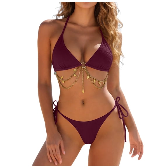 RFQWOVSR Women Triangle High Waist Tie Back Bikini Set with Chest Chain Detail Two Piece Swimsuit Summer Beachwear M