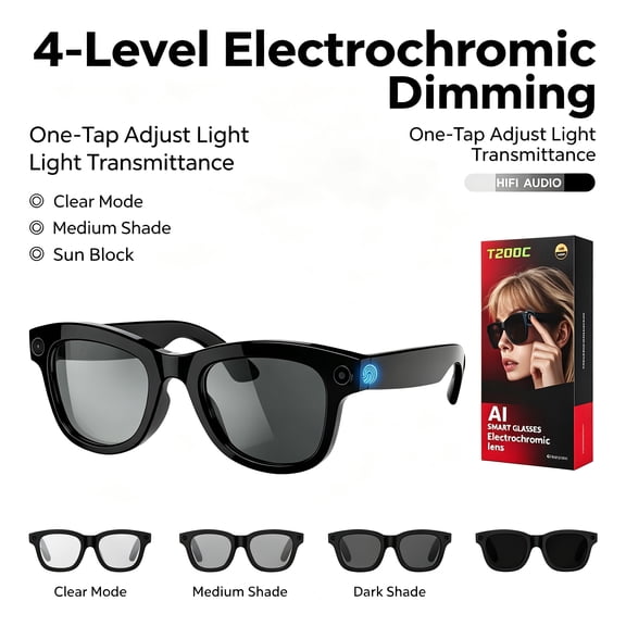 AI Smart Glasses, 4‑Level Touch Electrochromic Dimming Sunglasses,8MP 4K POV Camera,8GB Storage,Real‑Time AI Translation,Bluetooth Music & Call for Cycling Hiking Outdoor Travel