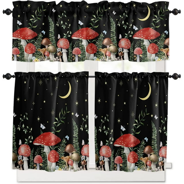 Mushroom Kitchen Curtains, 36 Inch Length, Spring Floral Rod Pocket Tier and Valances Set, Summer Botanical Night Moon Sky Black Farmhouse Window Curtains for Bedroom/Living Room