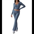 thumbnail image 1 of Conjunto Deportivo de 2 Piezas para Mujer, Camiseta de Larga, Pantalones Acampanados con Solapa, Chándal Informal, Gris Azul, L, 1 of 8