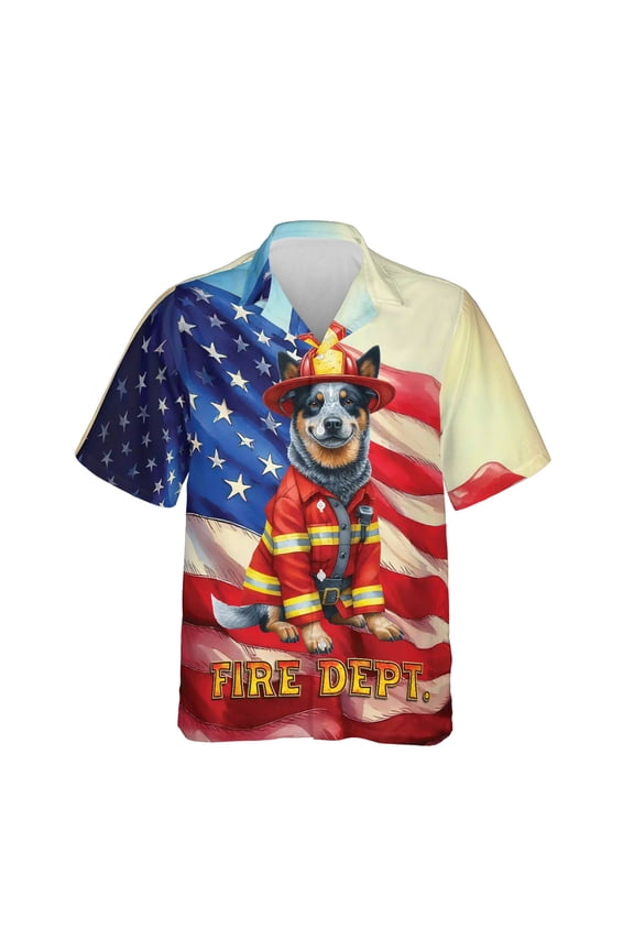 Firefighter Australian Cattle Dog Hero Rescue Fire Dept Fireman USA Flag Hawaiian Shirt Breathable Summer Unisex Merch Heeler Lover Gifts - 02026