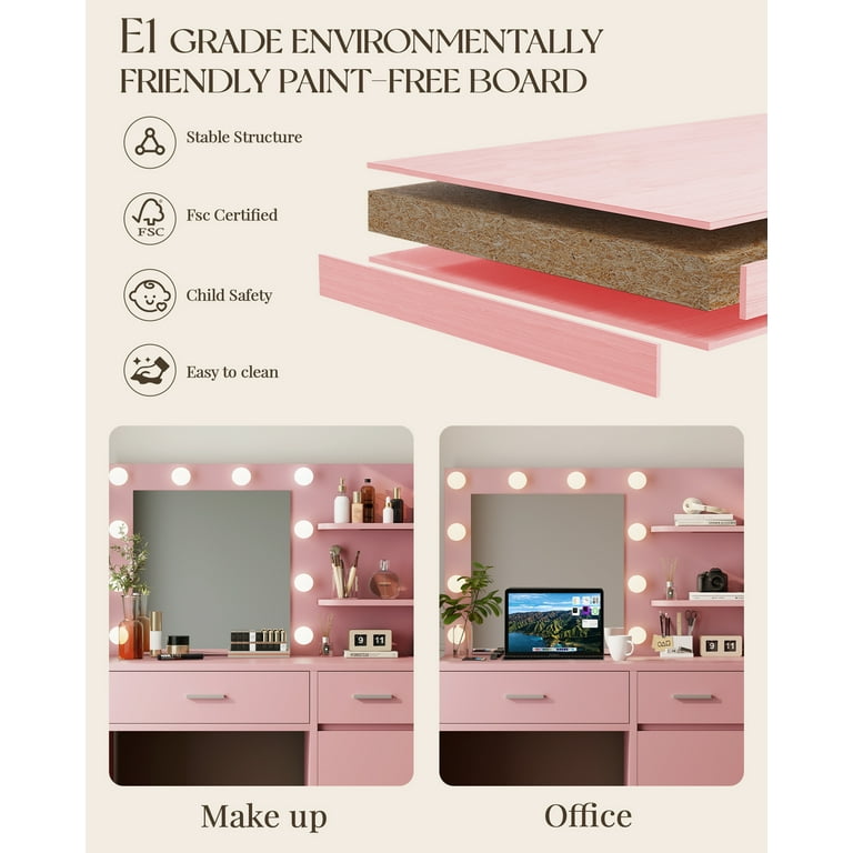 LIVELYGLOW Vanity with Lights, Makeup Vanity with Mirror, 3 Lighting Modes, for Bedroom, Pink