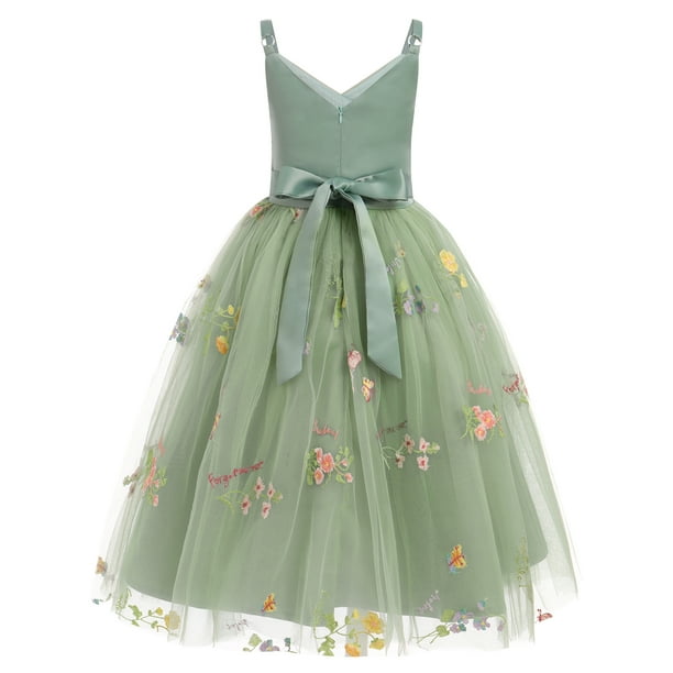 Ibtom Castle Girls Flower Vintage Floral Lace V Neck Sleeveless Floor Length Dress Wedding Party Evening Formal Pageant Dance Gown 9 Years Sage Green,