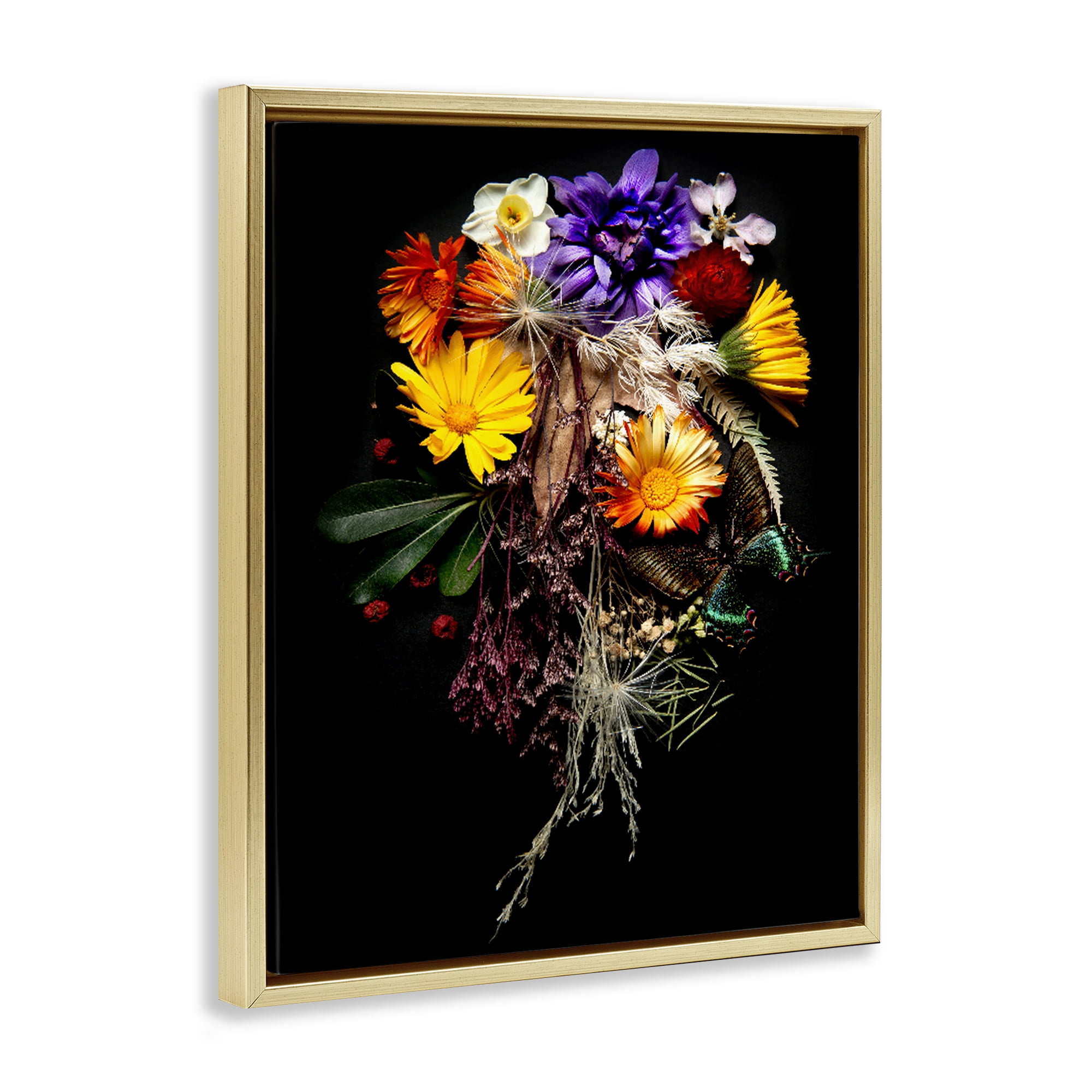 Stupell Industries Butterfly Adorned Arrangement Gold Framed Floater Canvas Wall Art, design by Carl Kravats
