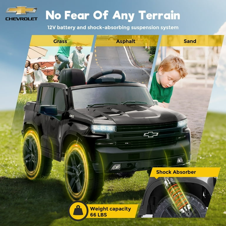 FUNTOK Licensed Chevrolet Silverado 12V Kids Electric Ride on Truck Battery Powered Ride on Toy Car with Remote Control Music Player Black
