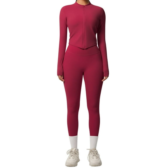Bloomae Women 2 Piece Seamless Workout Sets Full Zip Up Long Sleeve Cropped Jacket Stretch Tummy Control High Waisted Gym Yoga Leggings Pilates Outfits Red L