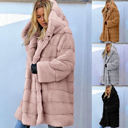 BiZtdJrK Winter Coat for Women Plus Size Faux Fur Long Sleeve Hoodie Sherpa Jackets Knee Length Fashion Open Front Cardigan Soft Fuzzy Coats Black XXXL