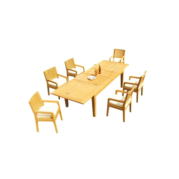Grade-A Teak Dining Set: 6 Seater 7 Pc: 122" Caranas Rectangle Table And 6 Maldives Arm Chairs Outdoor Patio WholesaleTeak #51ML2907