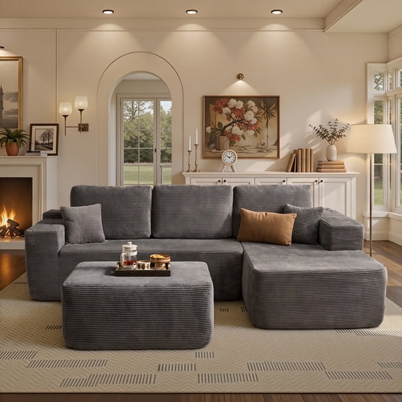 Ovios 106" Cloud Sofa Couch No Assembly Boneless Deep Seat Sofa with Ottoman for Living Room, Gray (Corduroy)